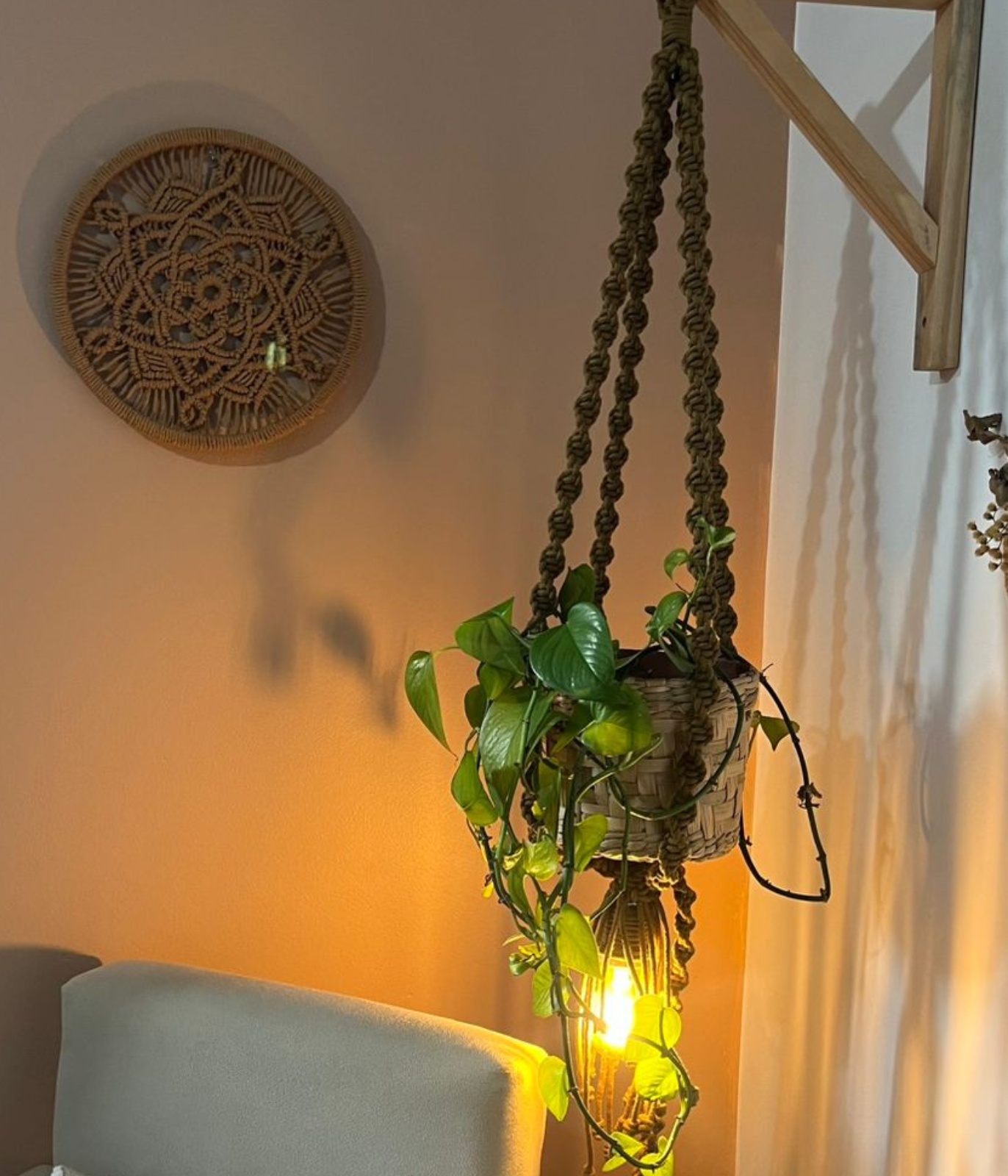 Suporte de Planta com Luminária em Macramê